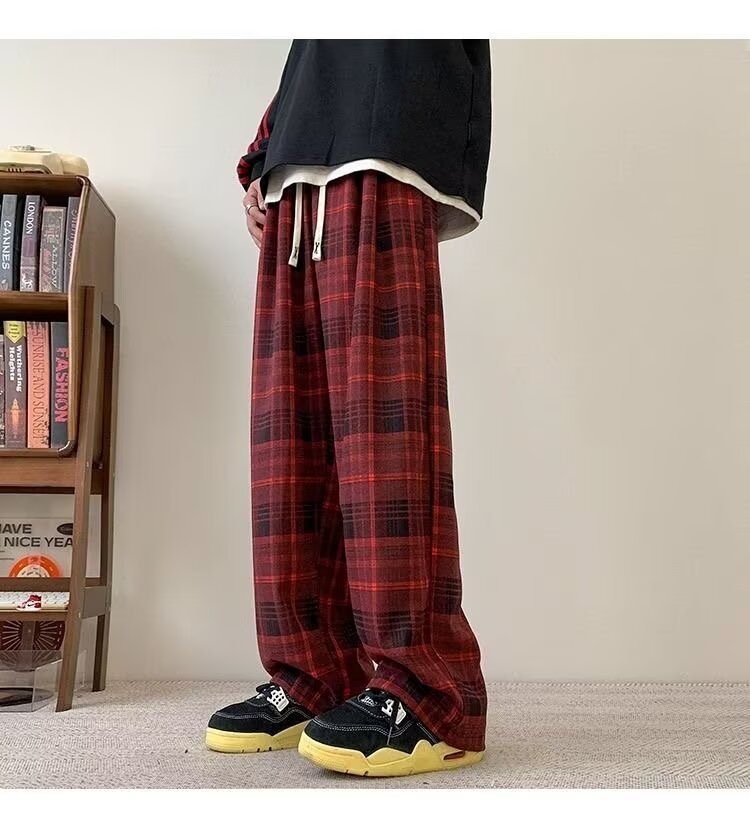 パンツ チェック柄 ワイド 春 秋冬 カジュアル 秋 冬 ストレート ヴィンテージ ポリエステル