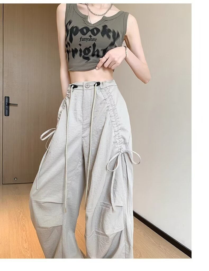 レディース パンツ ワイド カジュアル レトロ ストレート ワークパンツ 切り替えデザイン ストリート ポリエステル