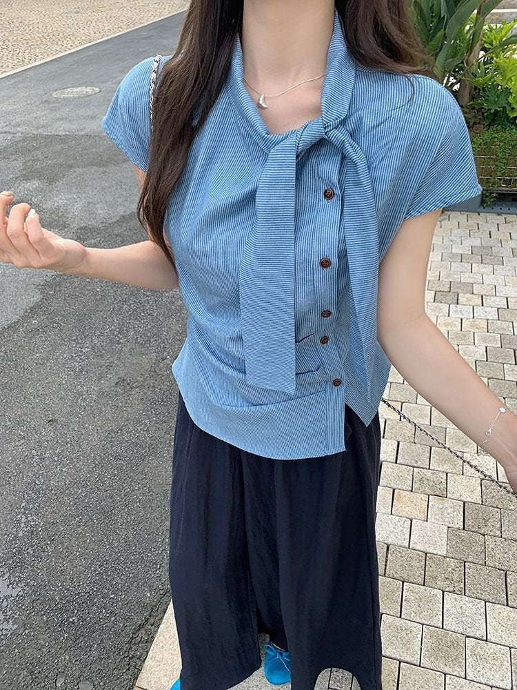 レディース シャツ トップス Tシャツ 半袖 ボーダー ストライプ 春夏 カジュアル 韓国風 前開き プリーツ 春 夏 タイト フリル Aライン リボン 切り替えデザイン タイ レギュラー ポリエステル