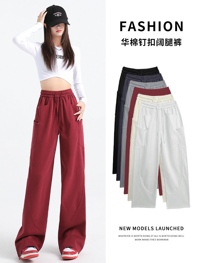 レディース パンツ ワイド コットン 綿 春夏 カジュアル アメリカン 春 夏 秋 冬 ストレートパンツ ストレート 切り替えデザイン スウェットパンツ ポケット ハイウエスト スウェット ポリエステル 秋冬