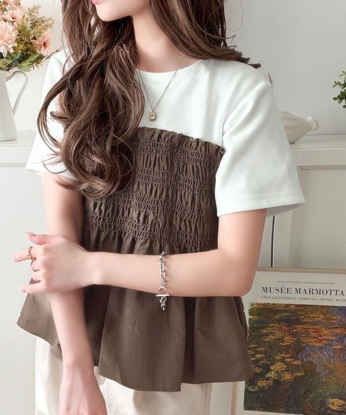 トップス Tシャツ ニット 半袖 春夏 きれいめ 通勤 春 ショート 夏 韓国ファッション シャツ 切り替えデザイン 都会的