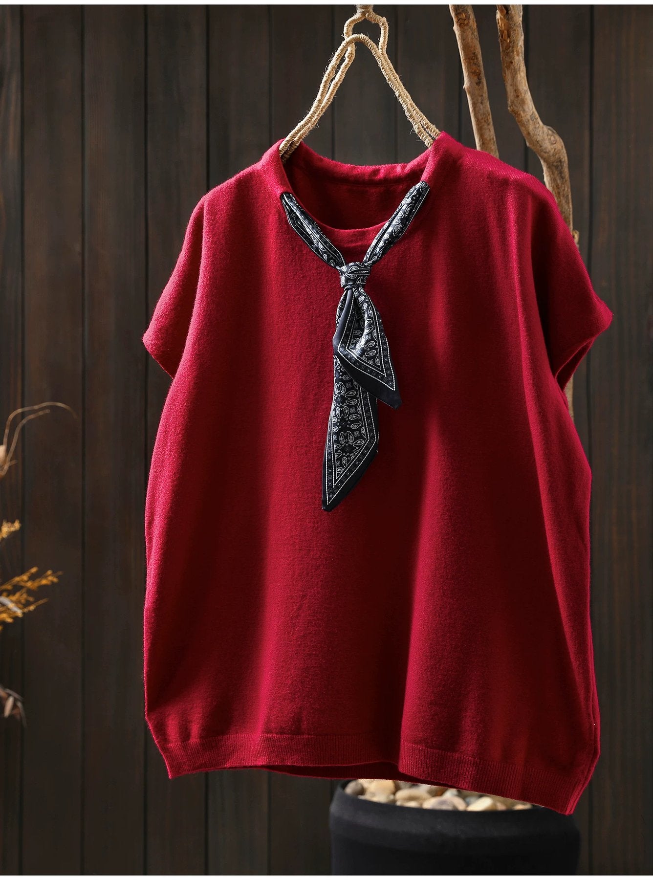 トップス Tシャツ ニット ノースリーブ ゆったり コットン 綿 秋冬 秋 体型カバー 袖なし ラウンドネック 冬 シャツ スカーフ インナー