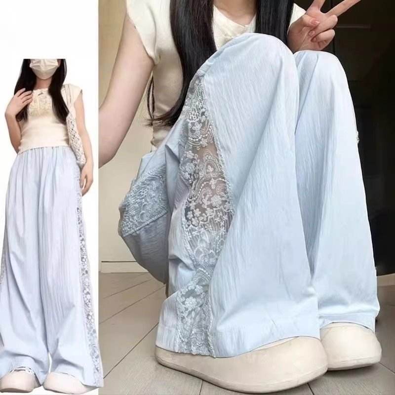 レディース パンツ ゆったり ワイド 春夏 カジュアル 大きいサイズ 春 夏 レース スリム ロング ワイドパンツ 薄手 切り替えデザイン 速乾 ポリエステル