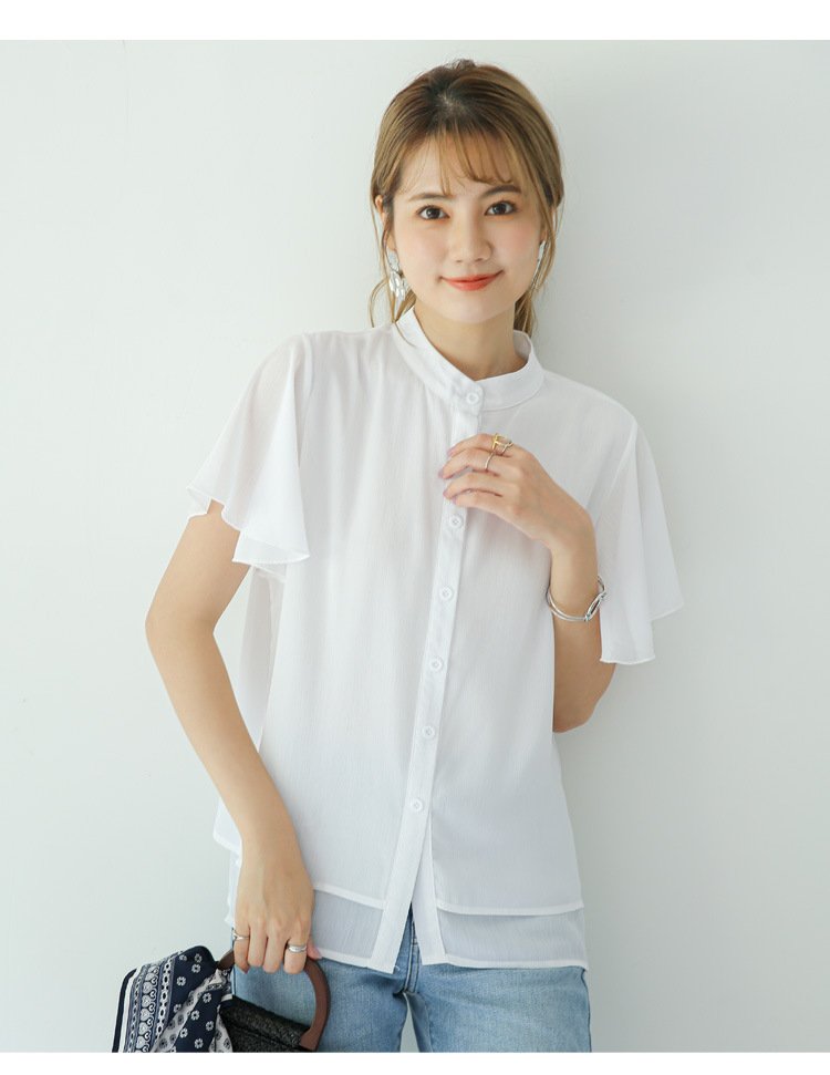 レディース ブラウス シャツ 半袖 無地 ゆったり 夏 きれいめ 通勤 春夏 前開き Vネック シンプル 上品 シフォン 切り替えデザイン シフォンブラウス ポリエステル 立ち襟