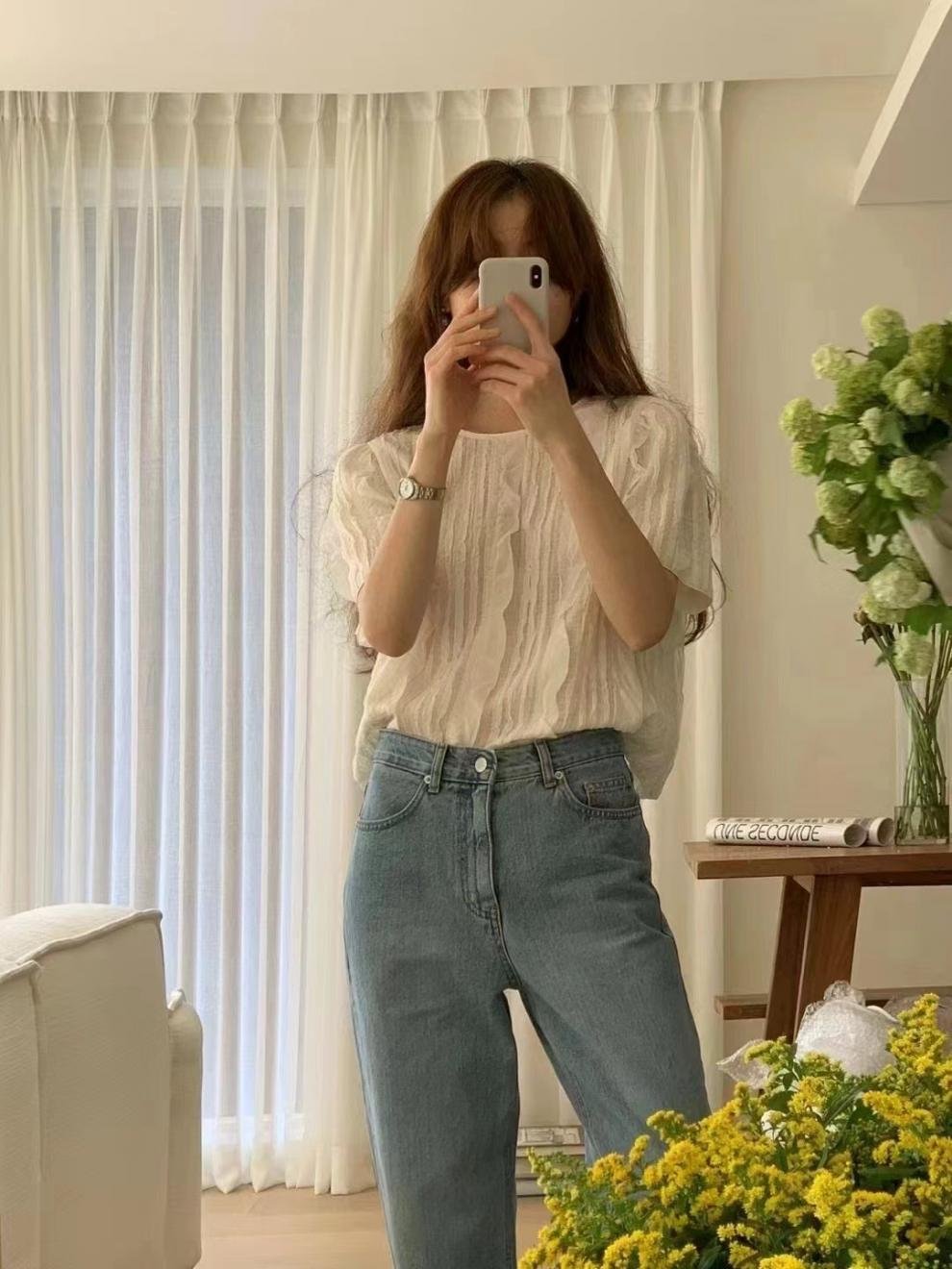 レディース シャツ トップス 無地 ゆったり 春夏 カジュアル きれいめ 韓国風 前開き 春 ショート 夏 ラウンドネック シンプル 上品 切り替えデザイン タイ ポリエステル