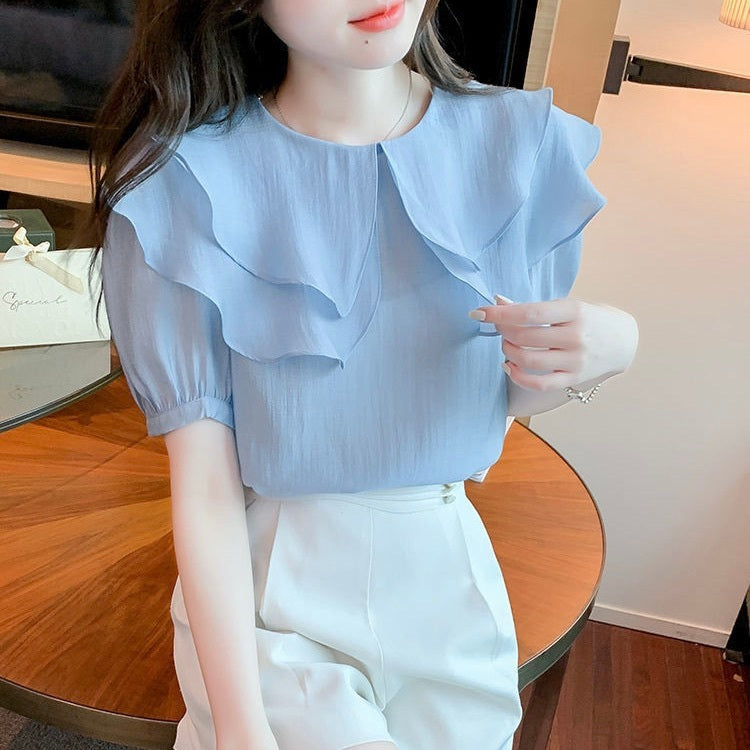 レディース トップス シャツ ブラウス 半袖 ボリューム袖 パフスリーブ フリルカラー ダブルカラー フェミニン シフォン かわいい 大人可愛い きれいめ シンプル 上品 おしゃれ ガーリー エレガント ラブリー キュート クラシカル ロマンティック 無地 春 夏 OL 通勤 デート お出かけ パーティー イベント レストラン 休日 ショッピング 普段使い 着回し 清楚 トレンド 流行 インスタ映え S M L XL 2XL 3XL 小さいサイズ 白 ホワイト オフホワイト ピンク 水色 ライトブルー