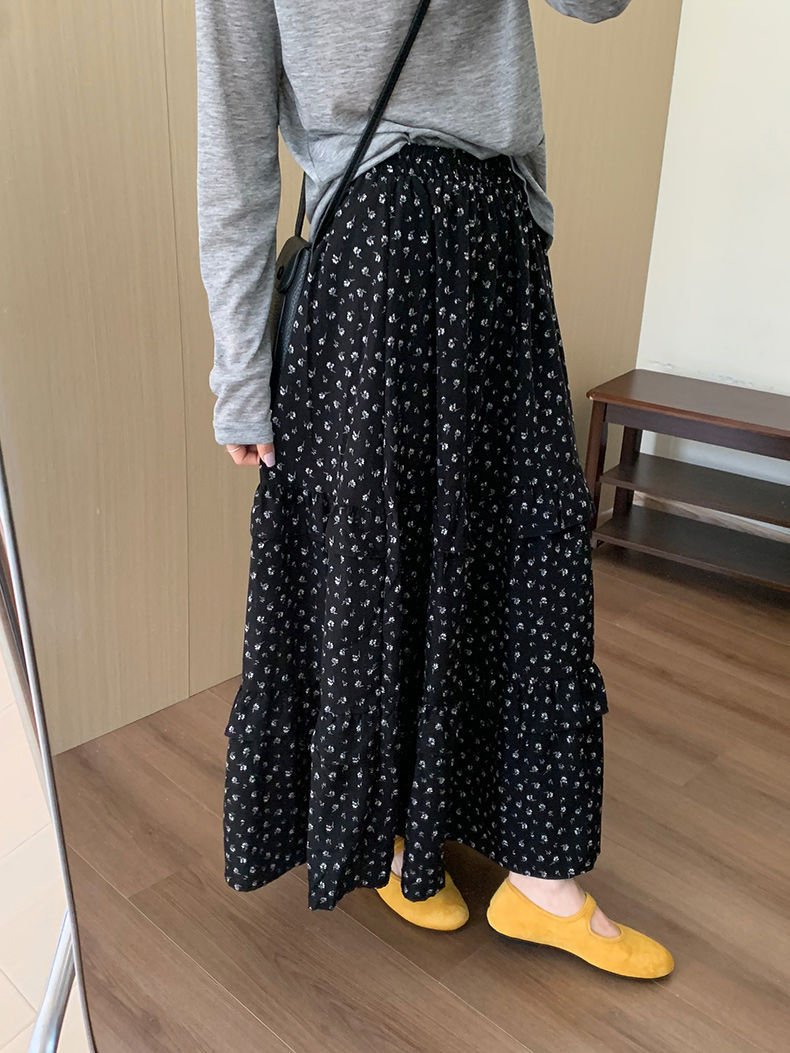 レディース スカート 花柄 スリム 春夏 ボトムス 春 夏 ブラック ロング Aライン ハイウエスト タイ