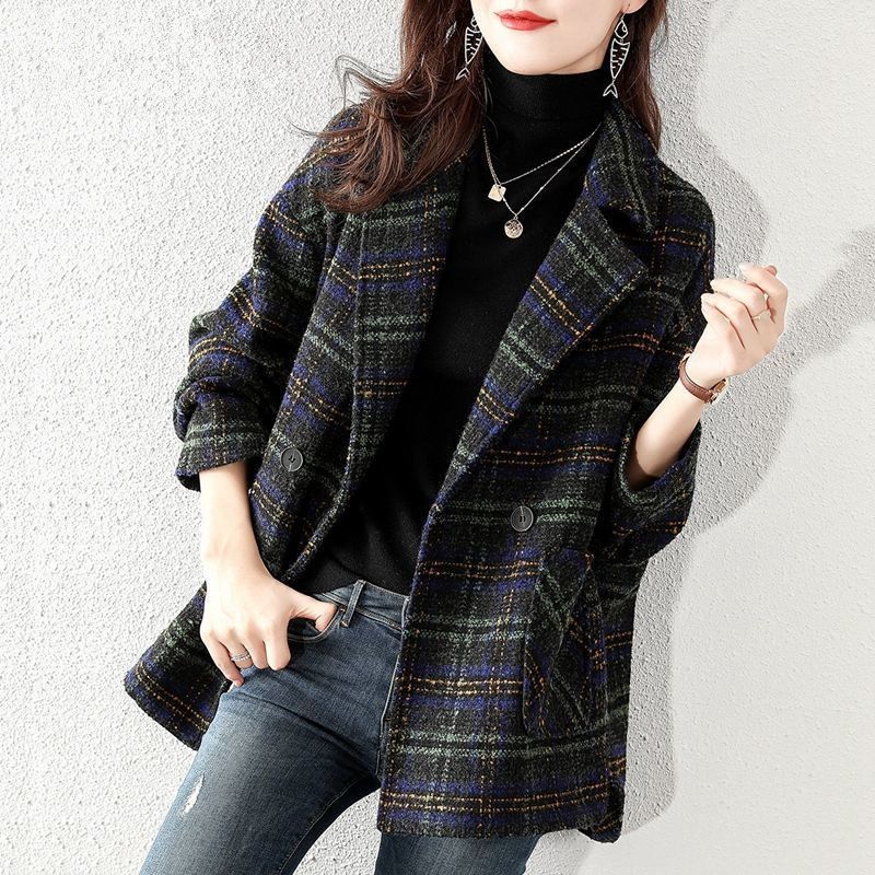 レディース コート ジャケット 長袖 チェック柄 ゆったり 春夏 カジュアル レトロ 体型カバー 春 夏 膝丈 秋 シンプル 冬 ウール 切り替えデザイン ボタン ポリエステル 秋冬