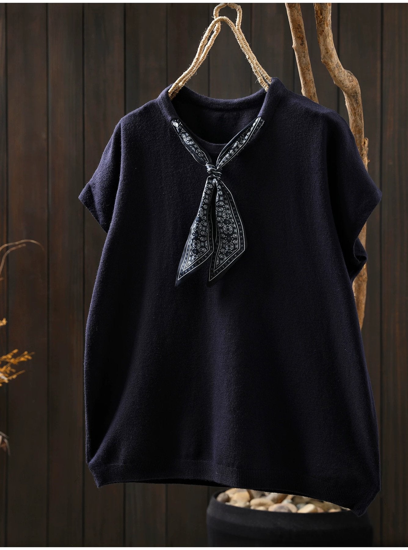 トップス Tシャツ ニット ノースリーブ ゆったり コットン 綿 秋冬 秋 体型カバー 袖なし ラウンドネック 冬 シャツ スカーフ インナー