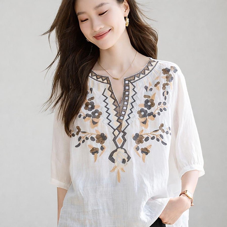 レディース シャツ トップス Tシャツ 半袖 ゆったり リネン 春夏 体型カバー 前開き Vネック 春 夏 膝丈 ママ 刺繍 切り替えデザイン プルオーバー