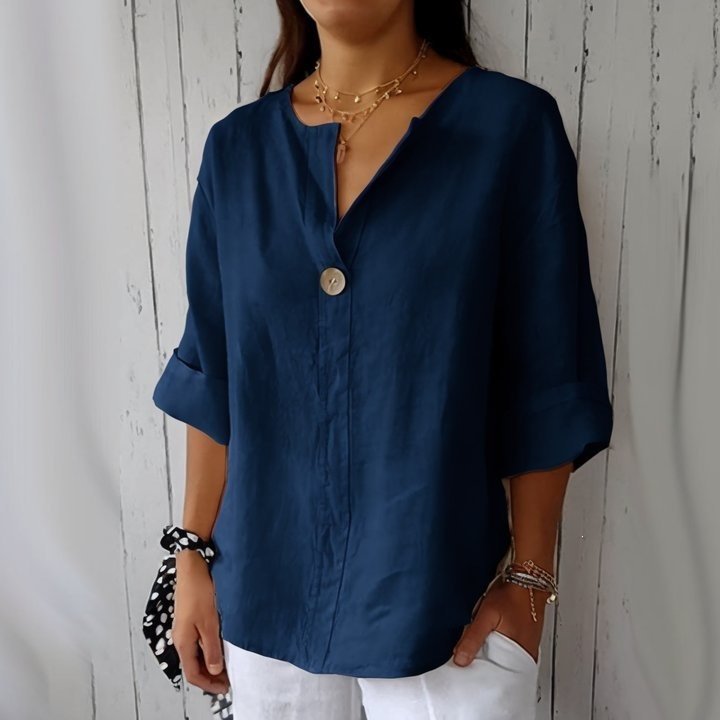 レディース Tシャツ 無地 ゆったり コットン 綿 リネン 春夏 きれいめ 通勤 オフィス 体型カバー Vネック 春 夏 シンプル シャツ 切り替えデザイン レギュラー ボタン ポリエステル