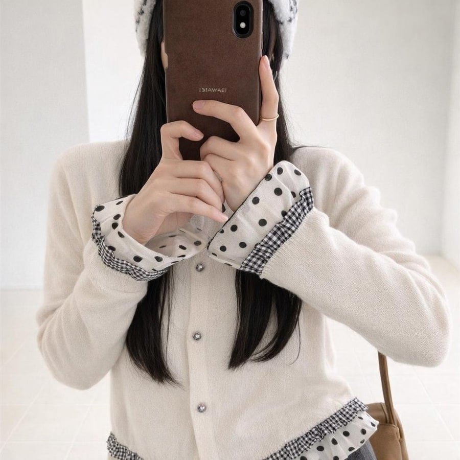 トップス ニット カーディガン 長袖 秋冬 秋 カジュアル ミニ ショート 膝丈 ラウンドネック レース 冬 切り替えデザイン セーター フェミニン ボタン