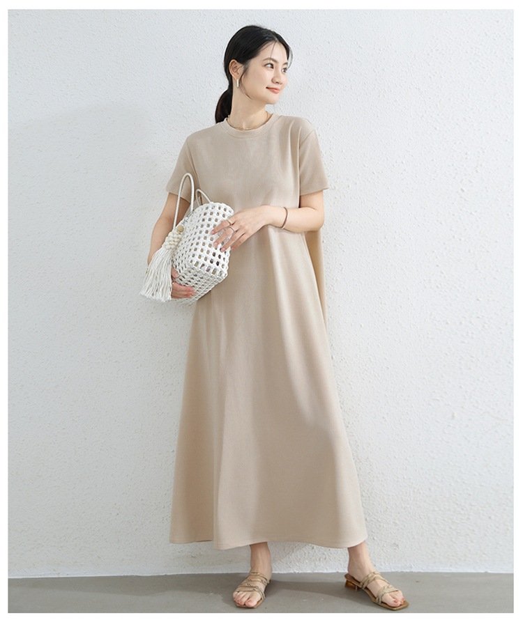ワンピース 半袖 春夏 春 夏 ラウンドネック ロング Aライン ポリエステル