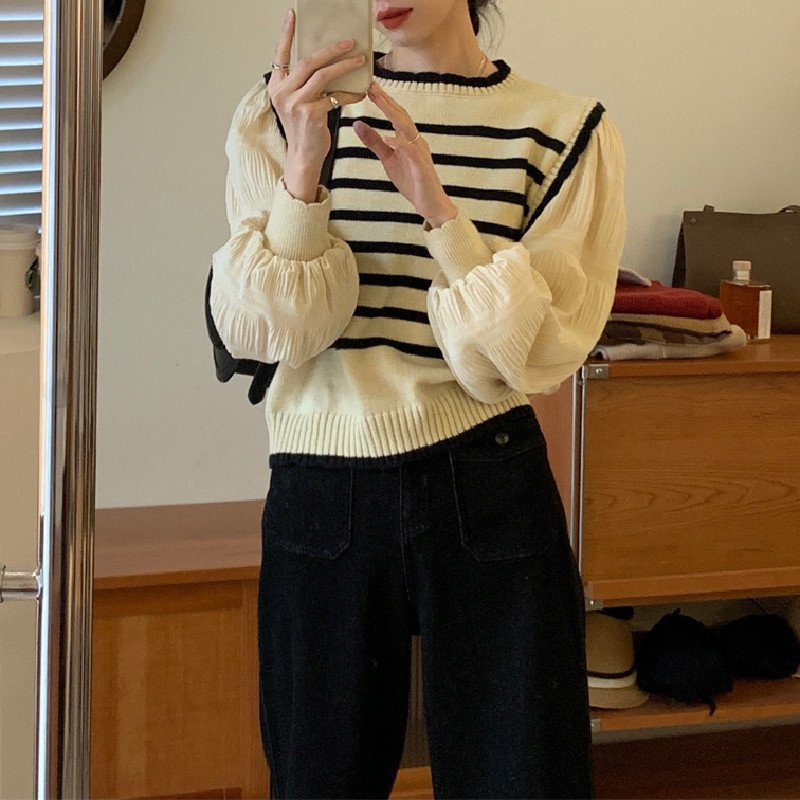 レディース トップス ニット 長袖 ボーダー ストライプ チェック柄 ゆったり 春 体型カバー 春夏 ラウンドネック セーター プルオーバー タイ ポリエステル