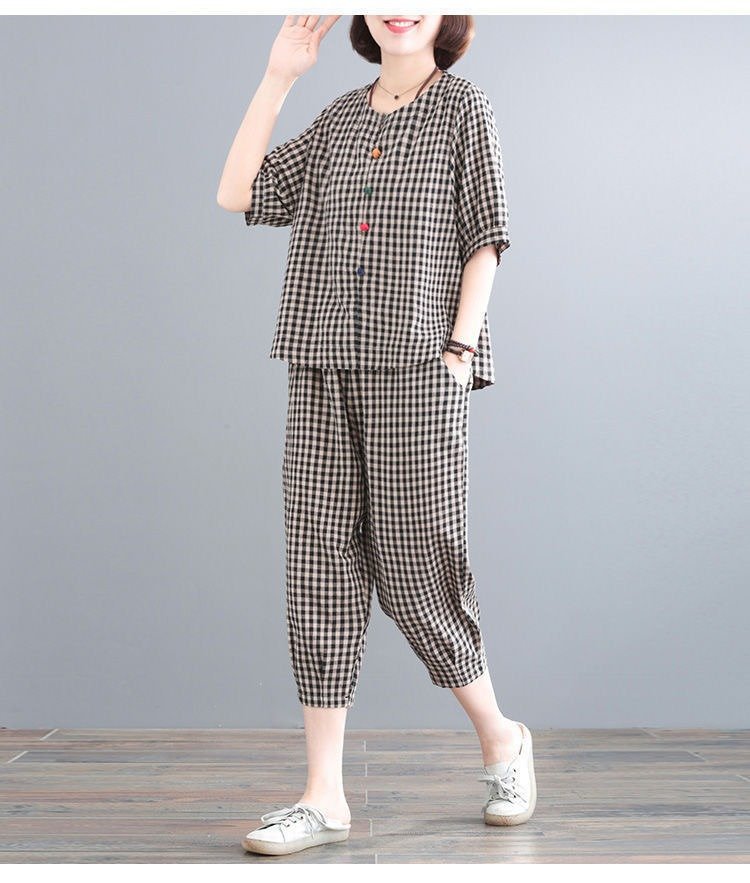 レディース パンツ チェック柄 コットン 綿 春夏 カジュアル レトロ 大きいサイズ ボトムス 春 夏 ブラック ミモレ パフスリーブ 9分丈 レッド スーツ ポリエステル