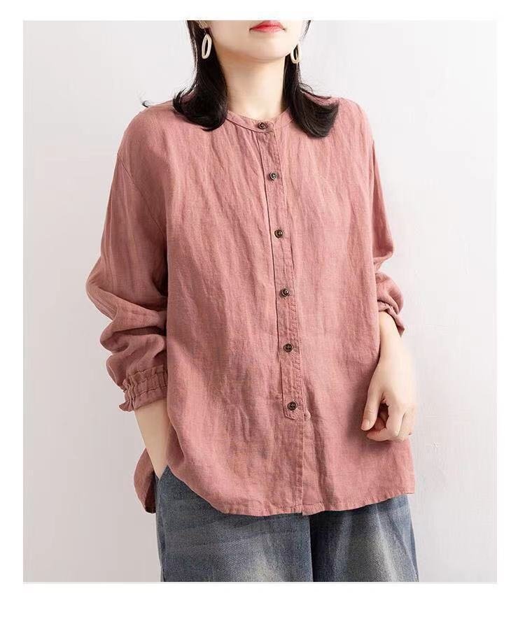 レディース シャツ ジャケット ゆったり コットン 綿 春 秋 カジュアル レトロ 体型カバー 春夏 前開き 膝丈 ラウンドネック
