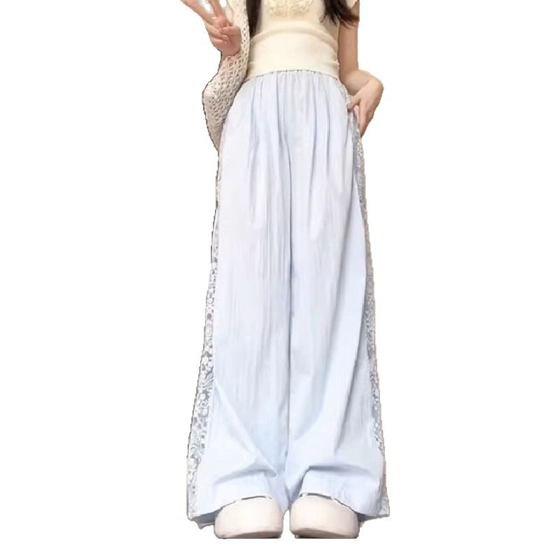 レディース パンツ ゆったり ワイド 春夏 カジュアル 大きいサイズ 春 夏 レース スリム ロング ワイドパンツ 薄手 切り替えデザイン 速乾 ポリエステル