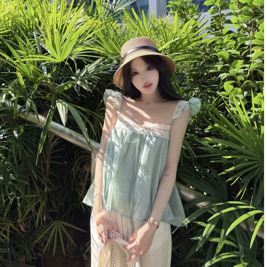 レディース トップス ゆったり スリム 春夏 きれいめ 通勤 オフィス 体型カバー 春 夏 レース ブルー キャミソール タイ グリーン レギュラー ポリエステル