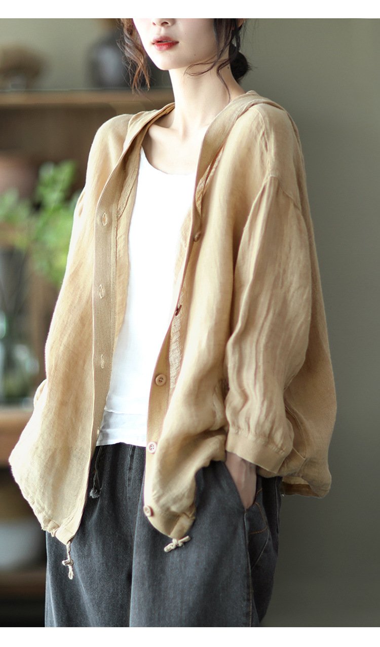 シャツ ジャケット 長袖 ゆったり コットン 綿 リネン 夏 レトロ 体型カバー 春夏 前開き 上品 フード