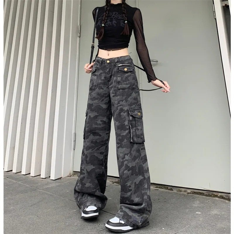 レディース パンツ ゆったり ワイド 春夏 アメリカン 春 夏 スリム ストレート ハイウエスト 迷彩