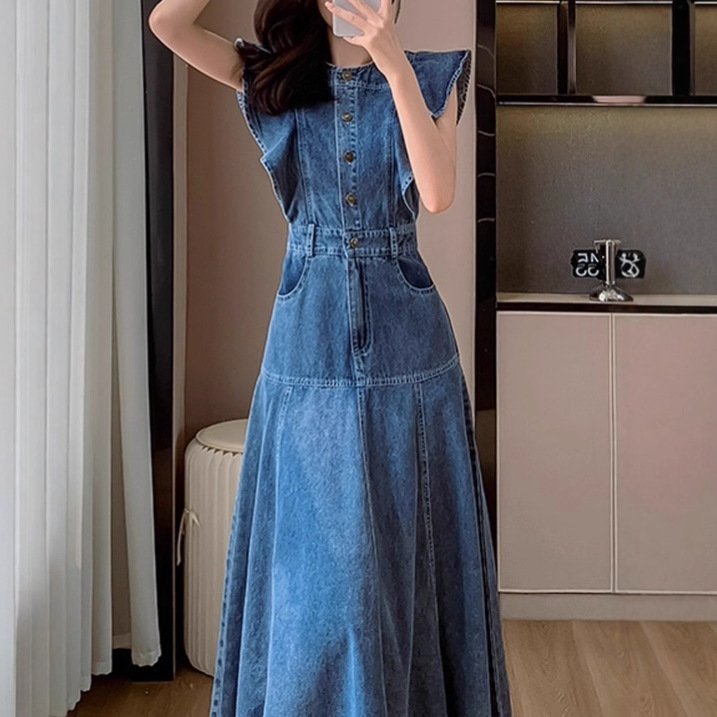 ワンピース ドレス デニム 春 秋 体型カバー 春夏 ラウンドネック 膝下 冬 ロング 上品 フレンチスリーブ ハイウエスト