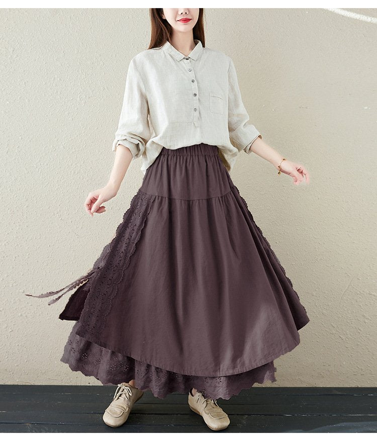 スカート 麻 刺繍 ロング Aライン ハイウエスト 森ガール