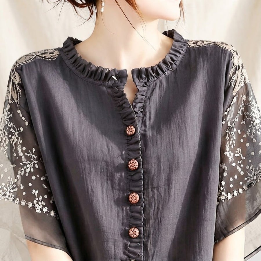 シャツ 半袖 ゆったり 春夏 カジュアル 体型カバー 前開き 春 夏 ラウンドネック レース 切り替えデザイン レギュラー ボタン