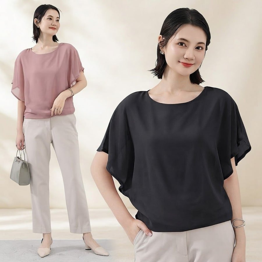 トップス Tシャツ 半袖 無地 ゆったり スリム 春夏 きれいめ 通勤 体型カバー 春 夏 ラウンドネック 上品 シフォン シャツ 薄手 丸襟 レギュラー ポリエステル