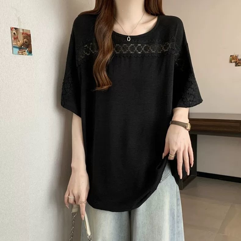 レディース シャツ トップス Tシャツ 半袖 無地 ゆったり 春夏 きれいめ 通勤 大きいサイズ おしゃれ 体型カバー 前開き 春 夏 ラウンドネック タイト レース シンプル 細身 シフォン タイ 都会的 レギュラー 着痩せ