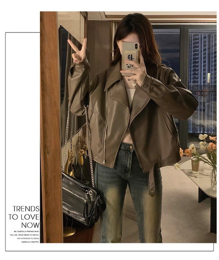 レディース トップス ジャケット 長袖 ゆったり 秋冬 秋 体型カバー 大きいサイズ ショート 冬 レザー 襟付き ストリート カフェ ストレッチ レギュラー ポリエステル