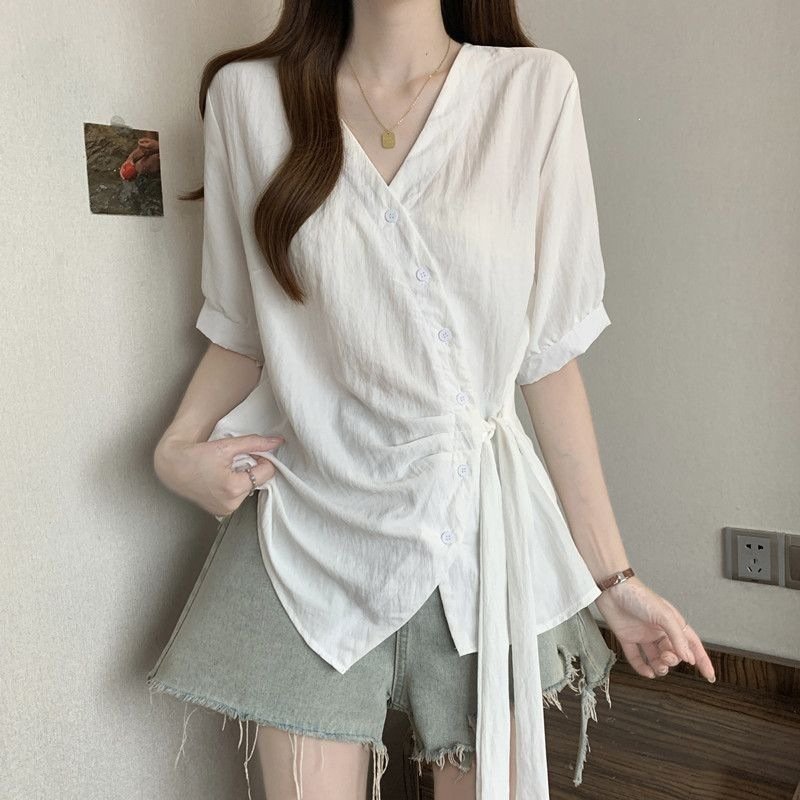 レディース シャツ トップス Tシャツ 半袖 無地 スリム 春夏 きれいめ 通勤 大きいサイズ 前開き Vネック 春 夏 シンプル リボン 個性的 レギュラー ボタン ポリエステル