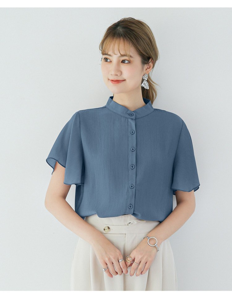 レディース ブラウス シャツ 半袖 無地 ゆったり 夏 きれいめ 通勤 春夏 前開き Vネック シンプル 上品 シフォン 切り替えデザイン シフォンブラウス ポリエステル 立ち襟