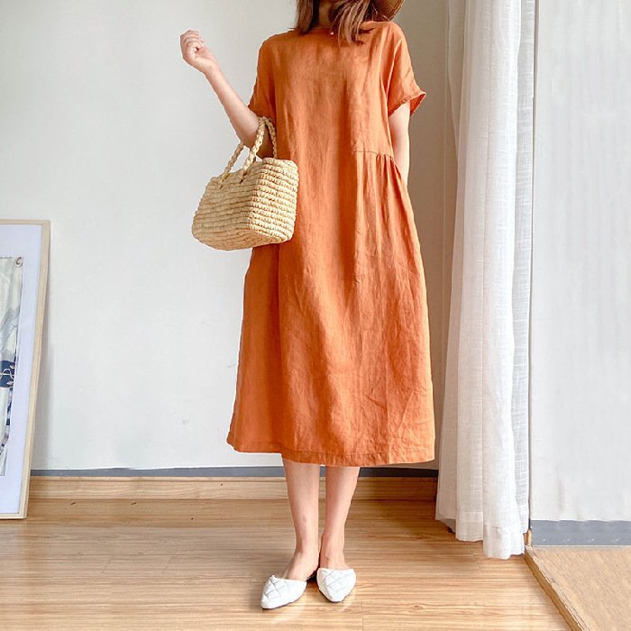 ワンピース ニット 半袖 無地 春夏 体型カバー 春 夏 ラウンドネック シンプル 大きい 切り替えデザイン Aライン ハイウエスト