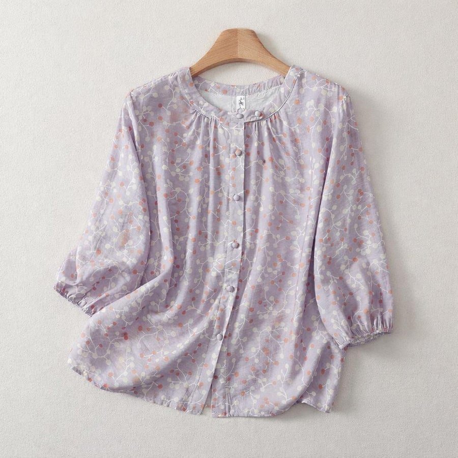 レディース シャツ トップス Tシャツ ドット柄 プリント コットン 綿 麻 春夏 カジュアル きれいめ 通勤 前開き デニム 春 夏 エレガント 立ち襟 ドット