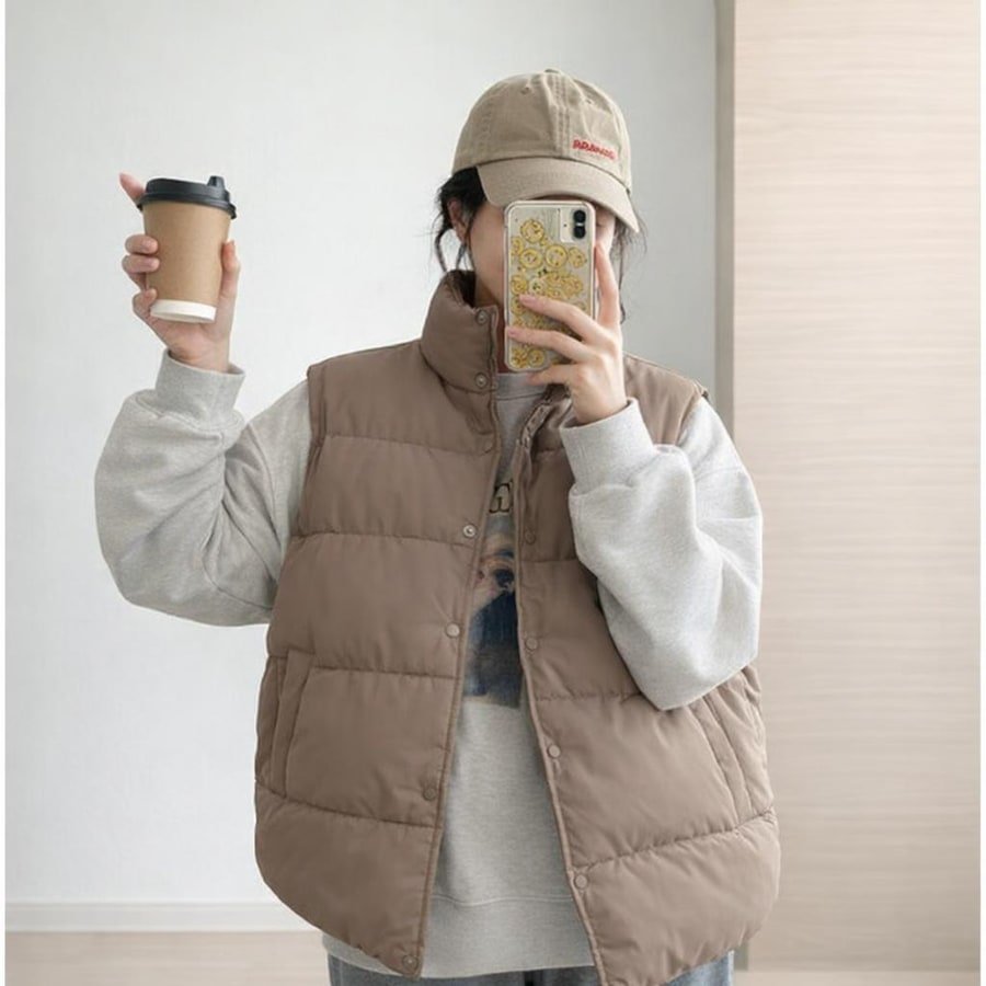 レディース ベスト ノースリーブ 無地 ゆったり コットン 綿 秋冬 秋 ミニ 膝丈 シンプル 冬 ハイネック ダウン スタンドカラー フェミニン アウター ボタン