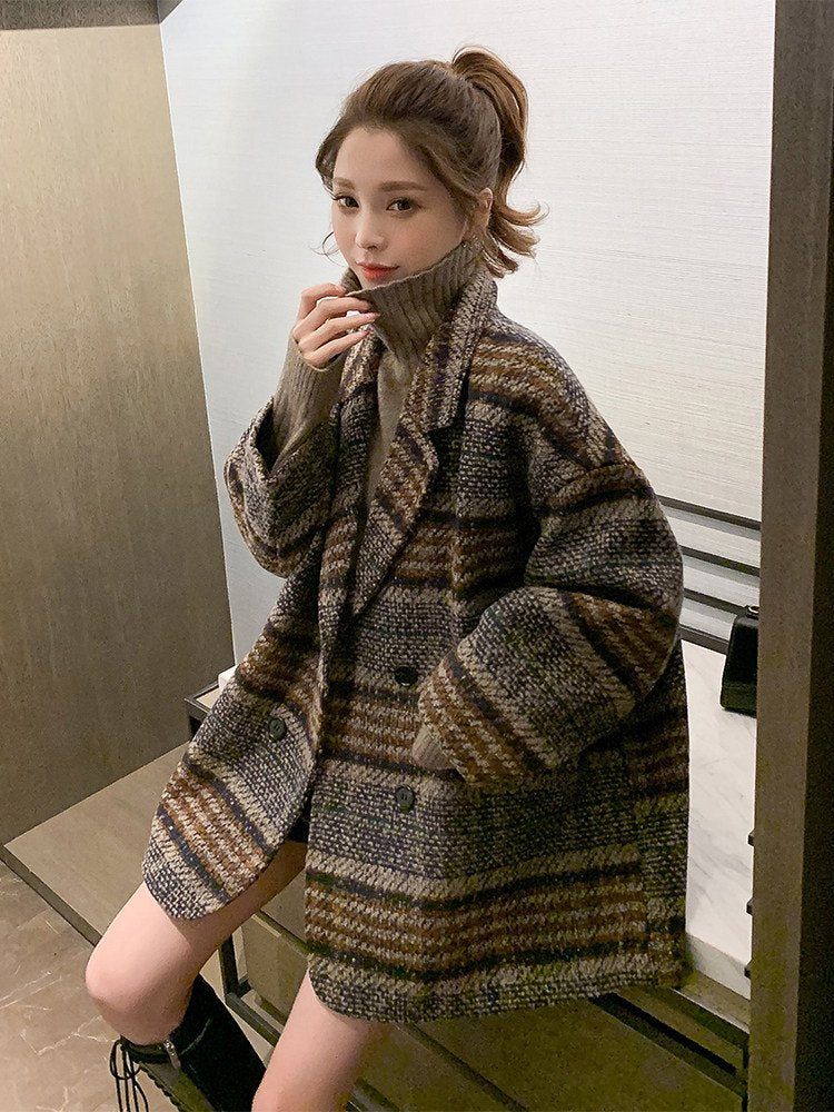 レディース コート 長袖 チェック柄 ゆったり 秋冬 秋 きれいめ 通勤 体型カバー 膝丈 冬 上品 レザー ブラウン ウール 切り替えデザイン ツイード