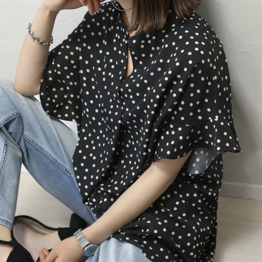 レディース ブラウス シャツ トップス 半袖 ゆったり 春夏 きれいめ 通勤 オフィス 前開き Vネック 春 夏 上品 シフォン 水玉 シフォンブラウス ポリエステル ドット