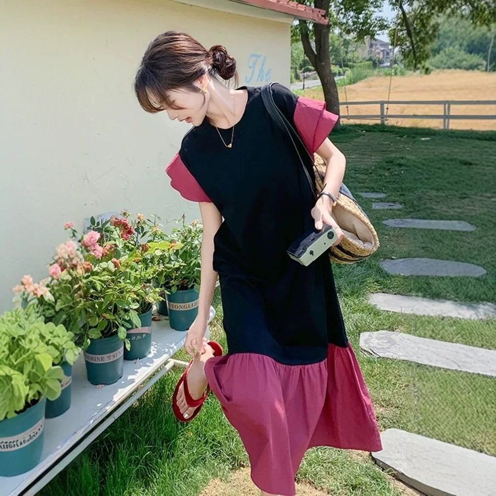 ワンピース ドレス 半袖 無地 春夏 きれいめ 通勤 春 夏 ラウンドネック シンプル ロング タイト 大きい フレア フレンチスリーブ 切り替えデザイン 細身 Aライン