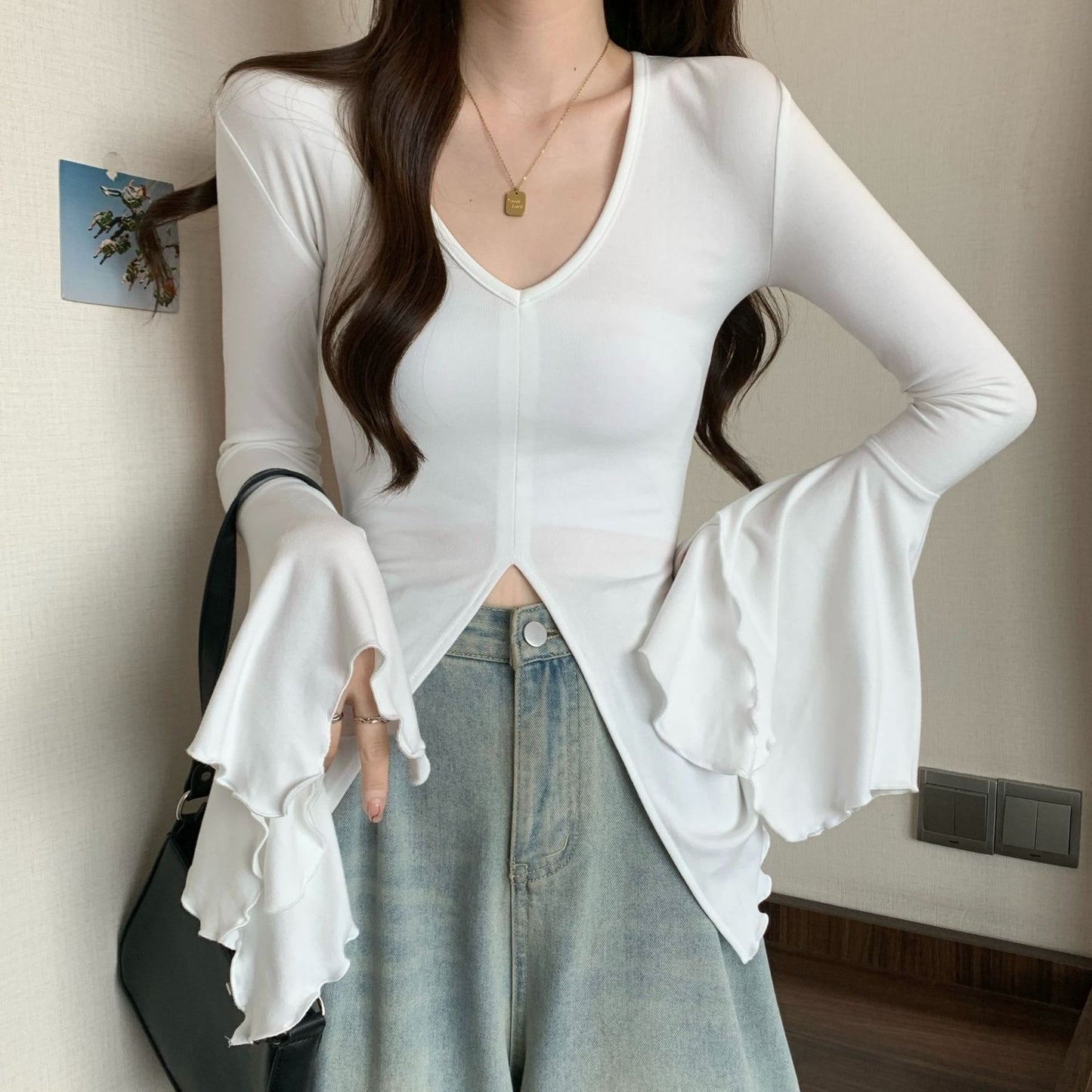 レディース Tシャツ 長袖 無地 スリム 春 秋冬 カジュアル 春夏 Vネック 膝丈 秋 シンプル 冬 シャツ 切り替えデザイン