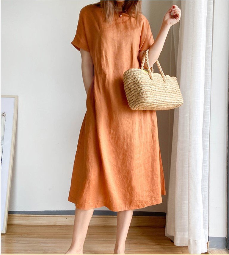 ワンピース ニット 半袖 無地 春夏 体型カバー 春 夏 ラウンドネック シンプル 大きい 切り替えデザイン Aライン ハイウエスト
