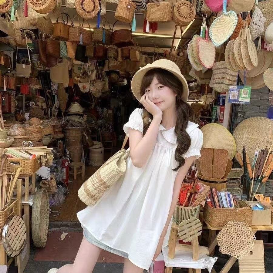 ワンピース 半袖 無地 スリム 春夏 体型カバー ミニ 春 ショート 夏 シンプル パフスリーブ ホワイト