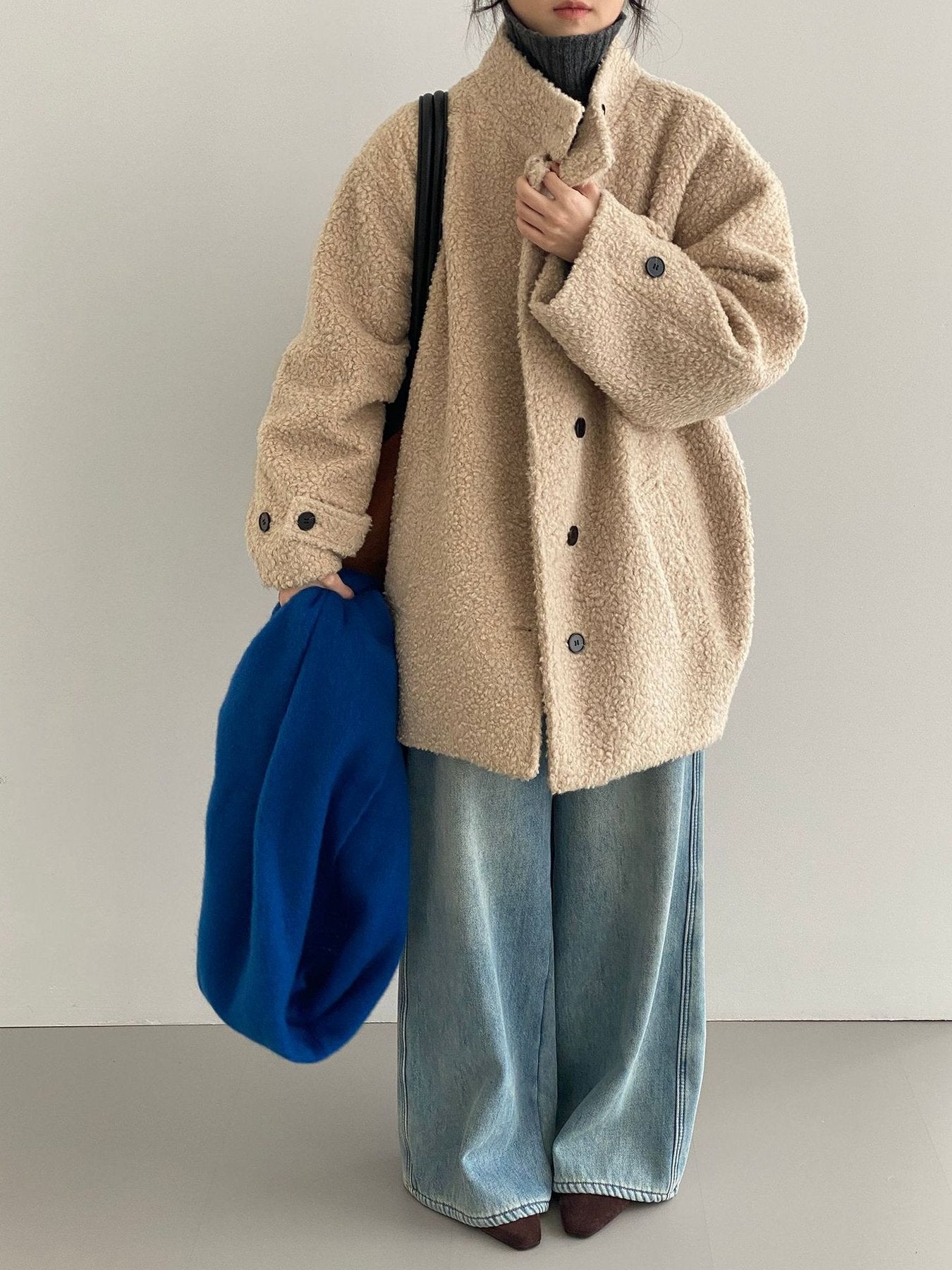 レディース コート ジャケット 長袖 無地 ゆったり 秋冬 秋 カジュアル 体型カバー 膝丈 シンプル 冬 ハイネック ウール 厚手 スタンドカラー タイ アウター ボタン ポリエステル 立ち襟