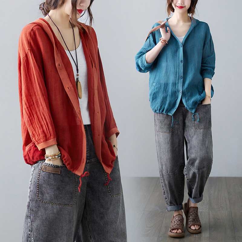 レディース シャツ トップス カーディガン 長袖 ゆったり コットン 綿 麻 夏 レトロ 体型カバー 春夏 前開き ロング