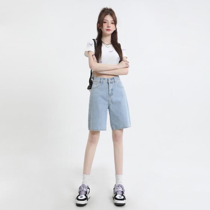 レディース パンツ ボトムス ストレートパンツ デニムパンツ 膝丈 膝上 ミドル丈 ポケット ハイウエスト ボタン かわいい シンプル カジュアル おしゃれ かっこいい ラフ ボーイッシュ ガーリー 学生風 ベーシック アクティブ ナチュラル 無地 夏 ママ 通勤 学生 デート お出かけ お泊まり アウトドア 旅行 公園 女子会 休日 ショッピング 脚長 普段使い モテ トレンド 定番 XS S M L XL 2XL 小さいサイズ 大きいサイズ ゆったり 水色 ブルー ベーシックカラー