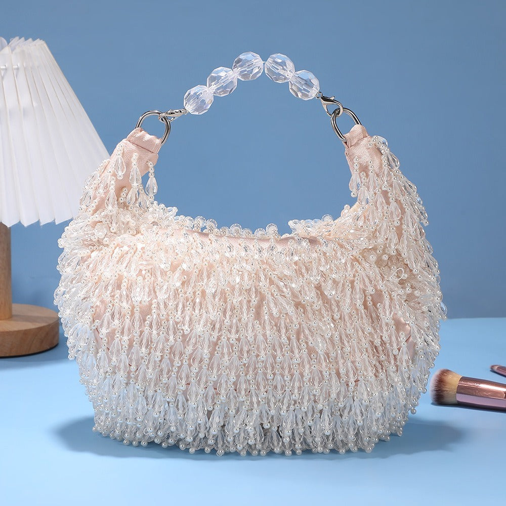 バッグ 華やか クリアビーズ パーティバッグ キラキラ ビーズ刺繍 ビーズ タッセル ビーズタッセル ハンドバッグ ミニバッグ プレゼント かわいい 大人可愛い きれいめ 上品 お洒落 キュート 主役級 存在感 フォーマル 華やか クリア フェミニン デート お出かけ パーティー イベント 女子会 休日 ショッピング カフェ 普段使い 双子 韓国 コーデ スタイル 高見え 格上げ モテ インスタ映え 春 夏 結婚式 披露宴 ホワイト オフホワイト