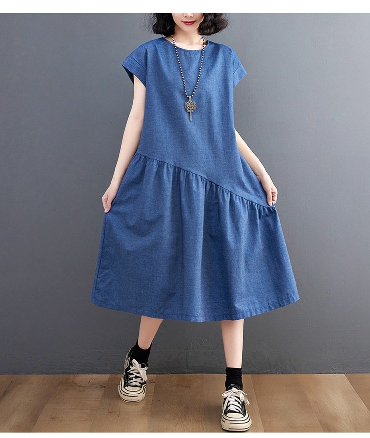 ワンピース 半袖 デニム 夏 春夏 ラウンドネック ロング 上品 大きい ポリエステル