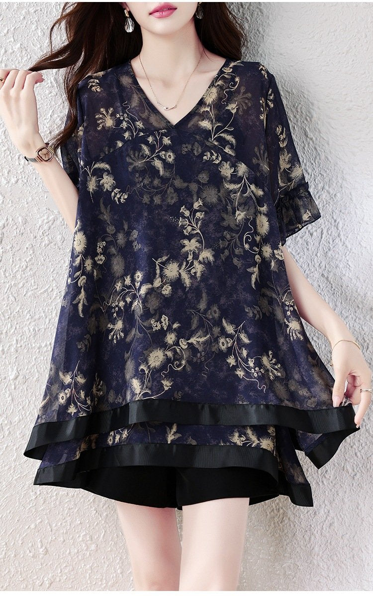 トップス 半袖 ゆったり 春夏 きれいめ レトロ 大きいサイズ おしゃれ Vネック 春 夏 上品 切り替えデザイン ミディアム レギュラー