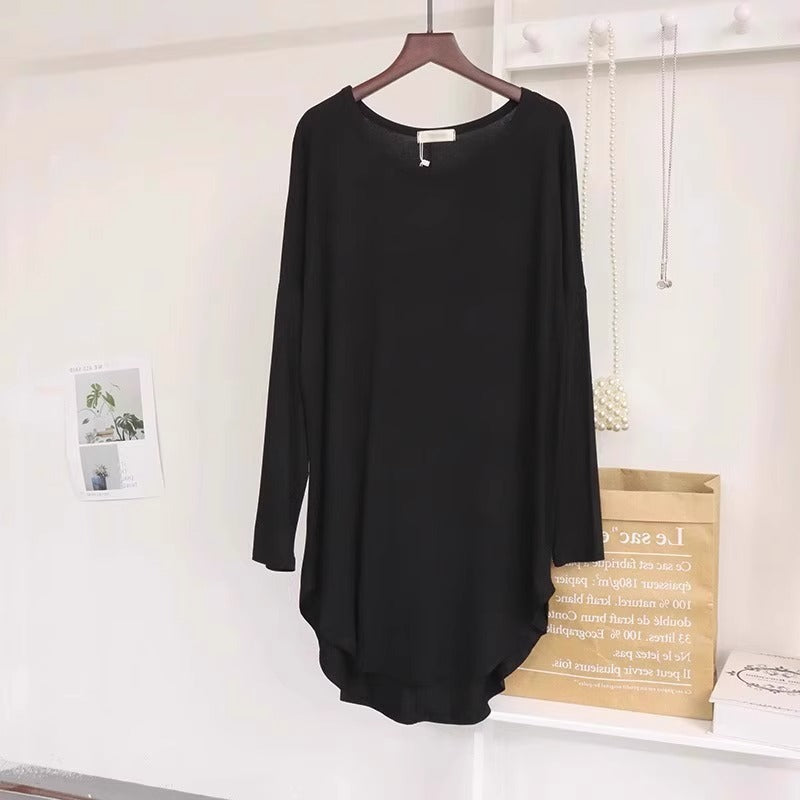 ラウンドヘム レディース トップス ルームウェア ロンT プルオーバー チュニック 部屋着 ミディアム Tシャツ 丈長 ミドル丈 長袖 ドロップショルダー ラウンドネック ワイド オーバーサイズ アメカジ かわいい シンプル カジュアル こなれ感 ルーズ ベーシック 無地 春 夏 ママ 学生 学校 通学 お出かけ 旅行 公園 女子会 休日 ショッピング カフェ お家時間 体型カバー 普段使い 着回し M L XL 2XL 3XL 4XL 5XL 大きいサイズ ゆったり ゆる ホワイト ブラック グレー