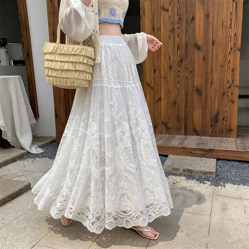 レディース スカート 無地 春夏 カジュアル 春 夏 レース 上品 ロング 切り替えデザイン ハーフ ハイウエスト ストレッチ ロングスカート