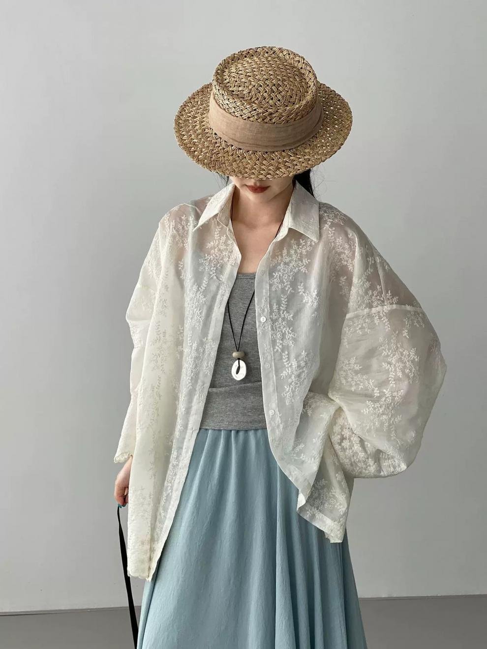 レディース シャツ ジャケット 長袖 無地 ゆったり コットン 綿 春夏 体型カバー 前開き 春 夏 膝丈 レース シンプル 刺繍 レースアップ ボタン ポリエステル UVカット